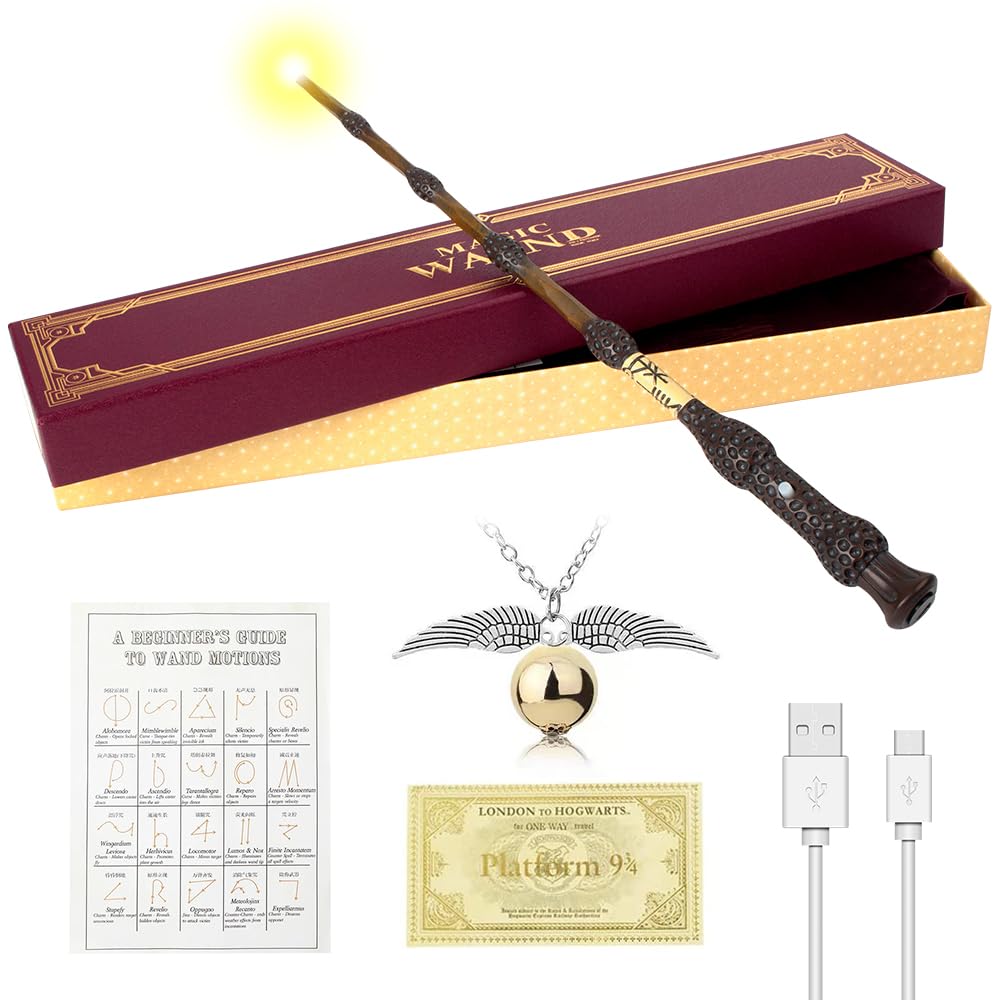Voldemort Zauberstab Glühen, Zauberstab Voldemort mit Licht, USB Aufladung zauberstab Voldemort, Volde-Mort Harry stab in Geschenkbox mit Zauberspruch-Karte, Stationsticket und Halskette