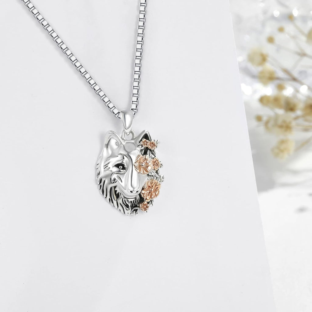 CUPENDA Wolf Halskette Sterling Silber Heulender Wolfskopf Blume Anhänger Halskette Nordische Wikinger Schmuck Geschenke für Frauen
