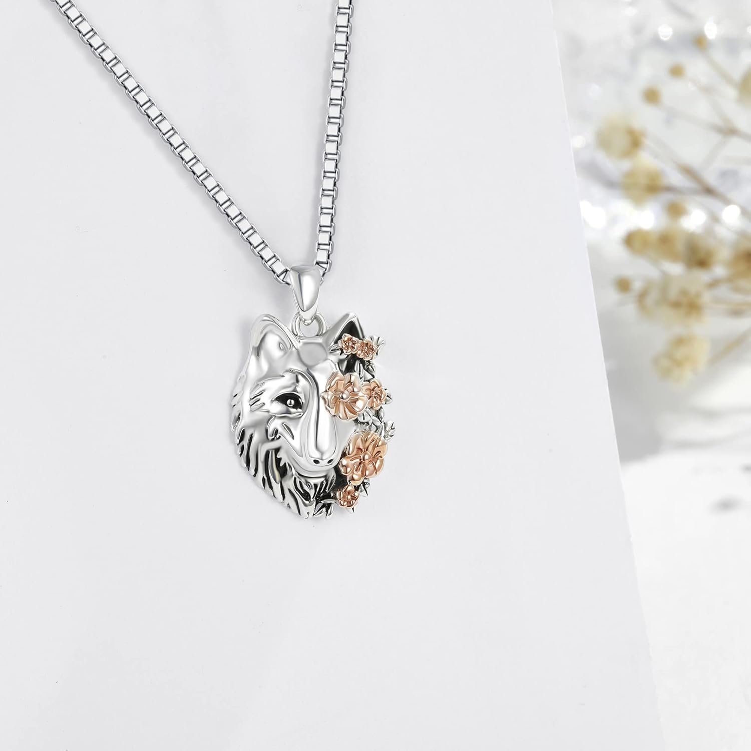 CUPENDA Wolf Halskette Sterling Silber Heulender Wolfskopf Blume Anhänger Halskette Nordische Wikinger Schmuck Geschenke für Frauen