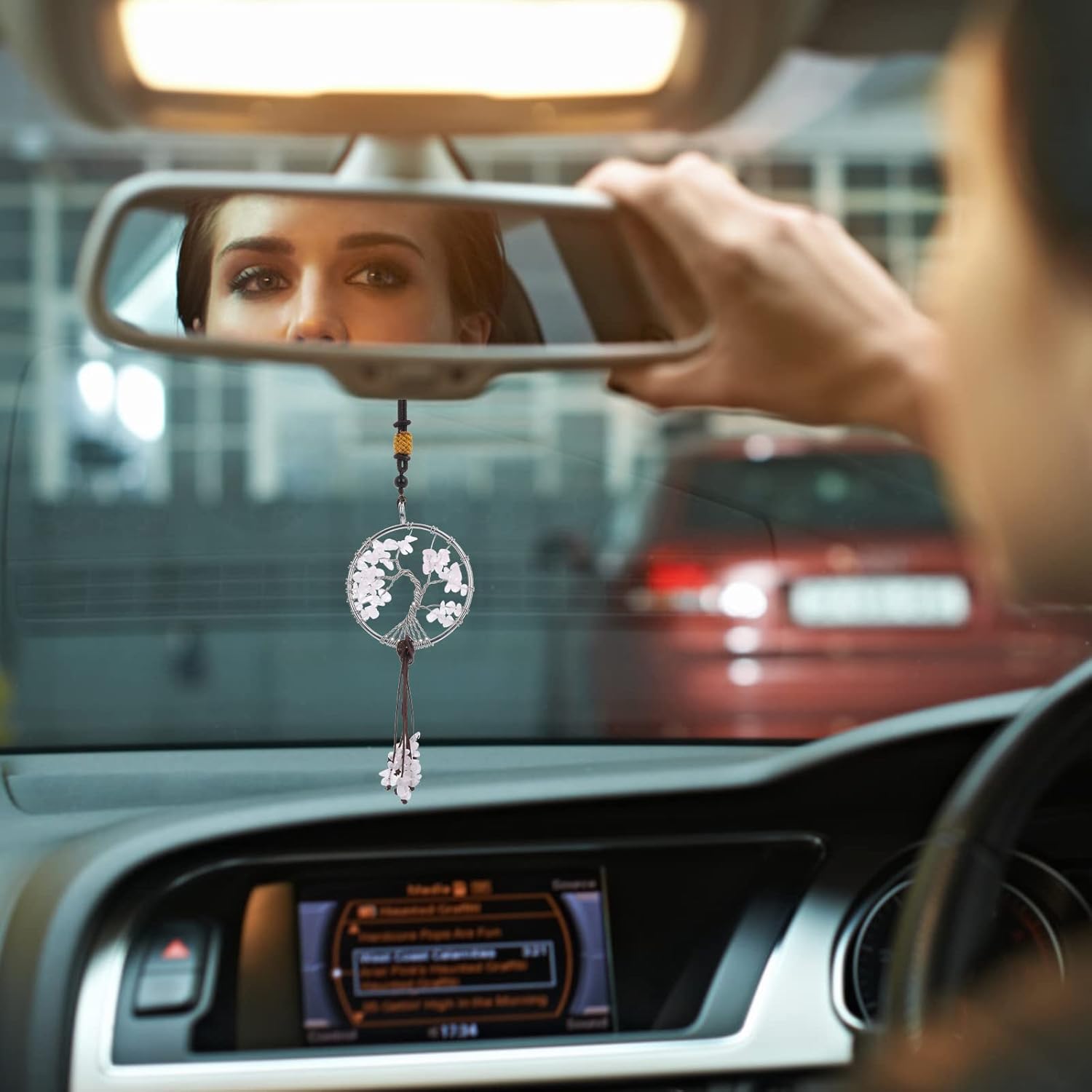 Cobee Tree of Life Hanging Ornament for Car Rear View Mirror, 7 Chakra Stones, Healing Crystal Stone Pendant, Car Interior, Reiki, Good Luck, Meditation, Window Decoration (White)