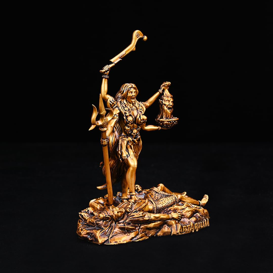 Artarium Kali MATA Statue 4 Inch Antique Gold Finish, Kali Maa Idol, Hindu Goddess Murti for Car Dashboard, Home Temple, Pooja Mandir, Office Desk, Meditation Altar & Spiritual Gift
