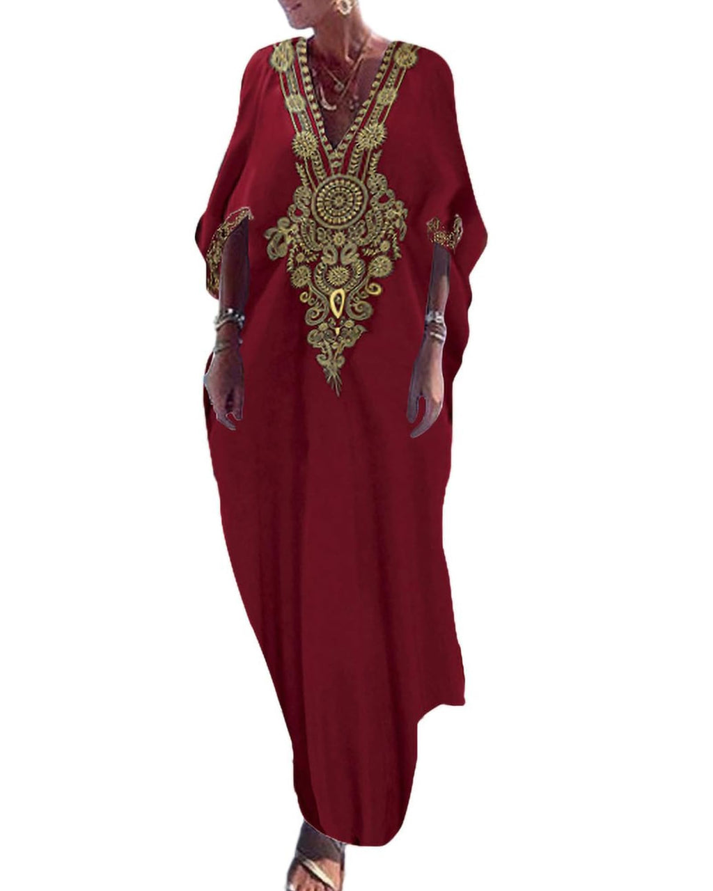 Bsubseach Gold Embroidery Long Kaftan Dresses V Neck Caftan Dress Beach Cover Ups for Women Embroidery