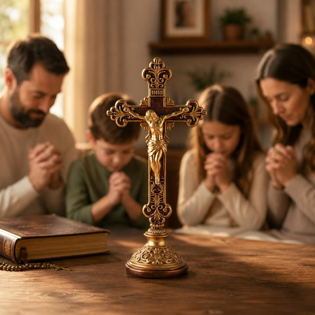 Jesus Christ Crucifix Statue with Base, 12 Inch Gold Resin Tabletop Cross, Elegant Religious Standing Crucifix Figurine for Home Altar, Catholic Spiritual Gift for Prayer, Meditation and Holiday Decor