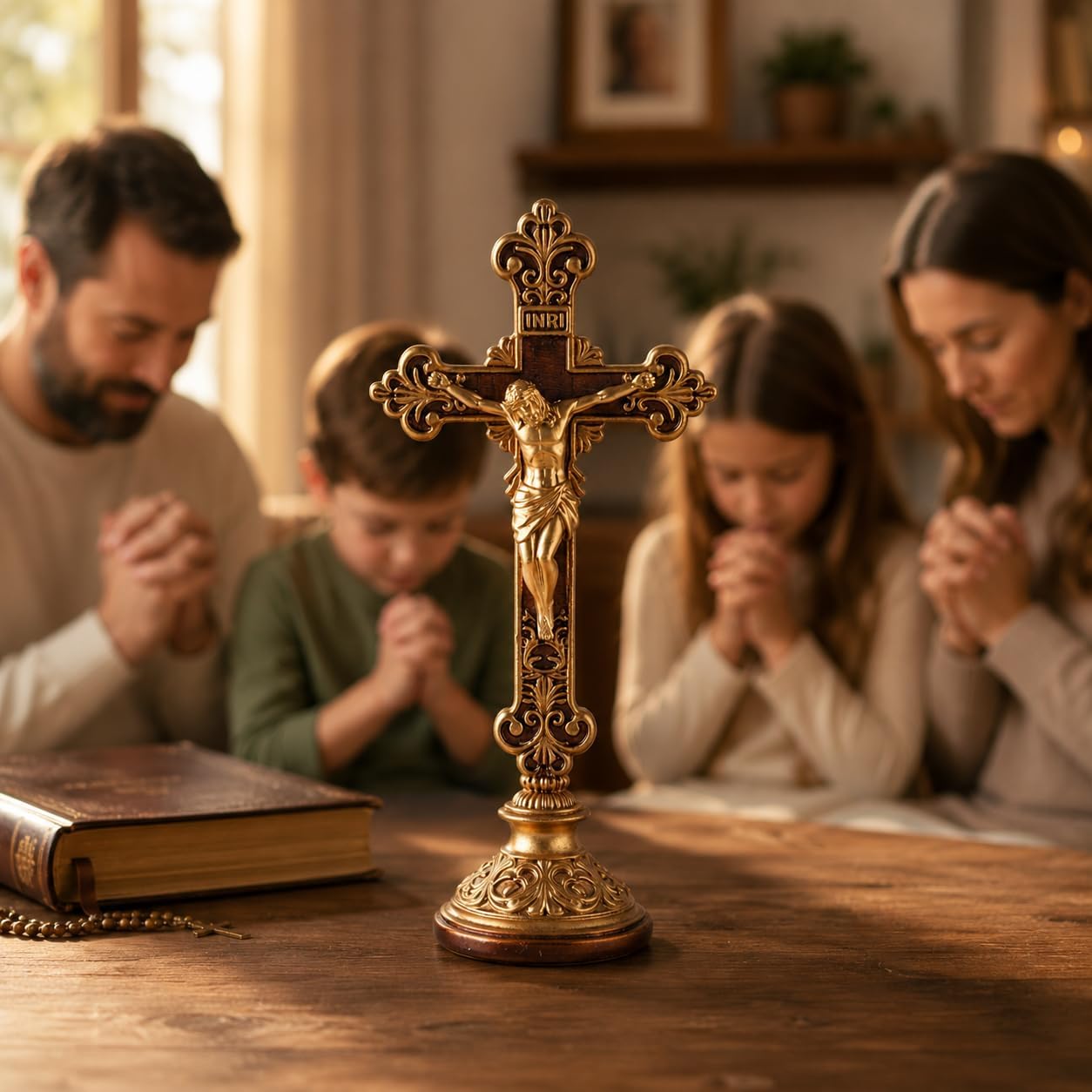 Jesus Christ Crucifix Statue with Base, 12 Inch Gold Resin Tabletop Cross, Elegant Religious Standing Crucifix Figurine for Home Altar, Catholic Spiritual Gift for Prayer, Meditation and Holiday Decor