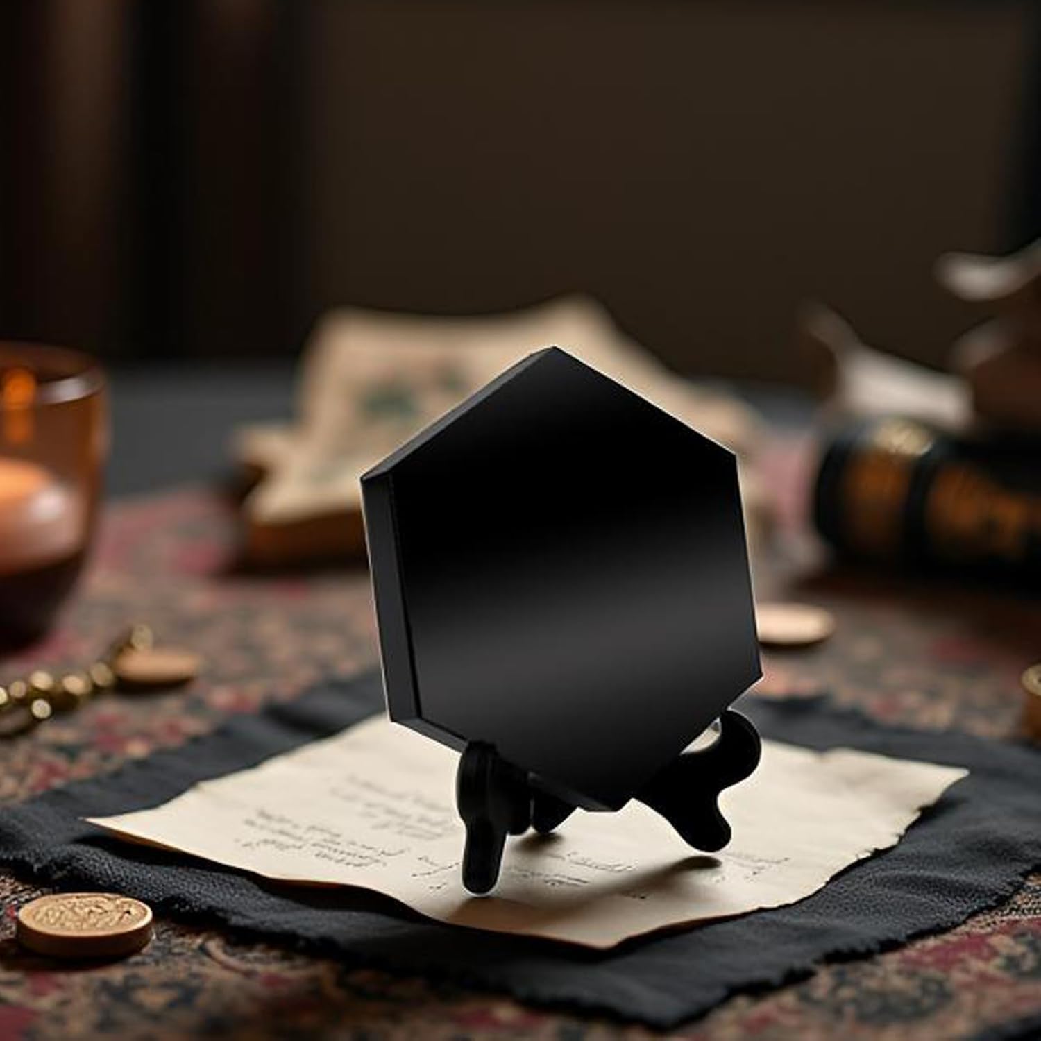 Schwarzer Obsidian Spiegel, Sechseck Schwarzer Obsidian - Wahrsagungswerkzeuge, Dekorativ für Meditation Mit Halterung (8cm)