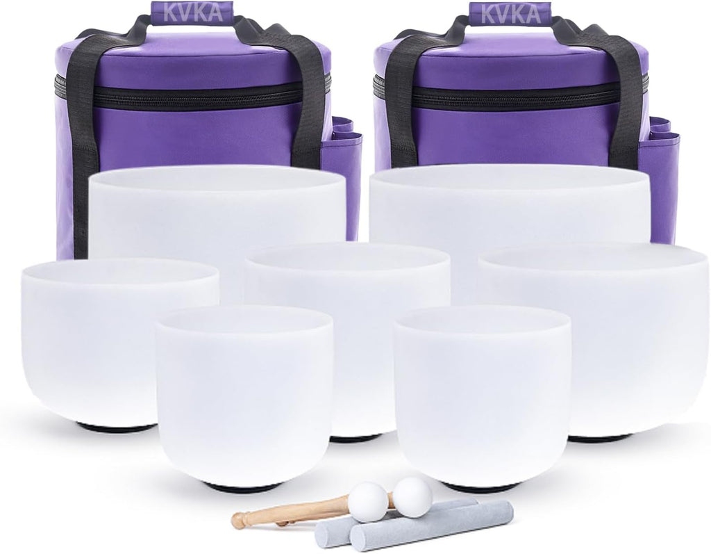 KVKA Kristall-Klangschalen Set, 6-12 inch 432Hz Weiß Frosted Quarz Chakra Sound Healing Klangschalen für Meditation Yoga Entspannung Stressabbau mit Tragetasche