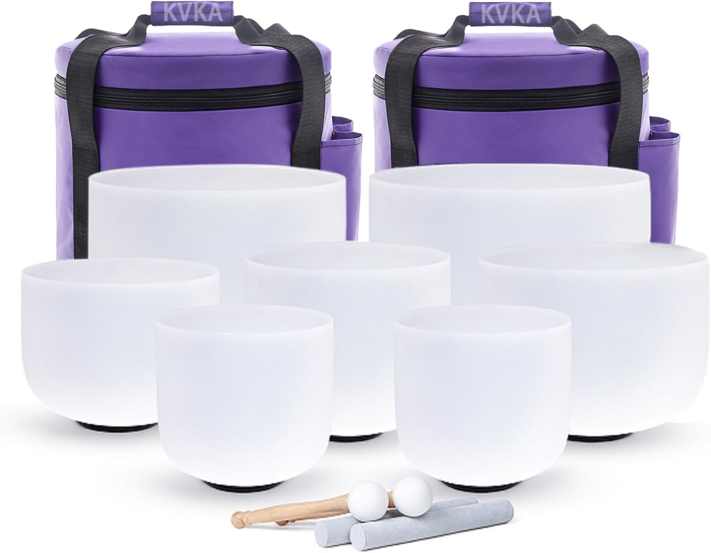 KVKA Kristall-Klangschalen Set, 6-12 inch 432Hz Weiß Frosted Quarz Chakra Sound Healing Klangschalen für Meditation Yoga Entspannung Stressabbau mit Tragetasche