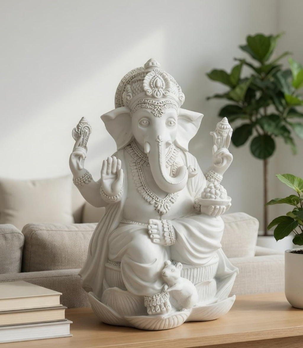 Bellaa Ganesha Statue 7 Inch, Hindu God, Ganpati, Vinayaka, Murti Marble Powder Sculpture, Meditation Room, Spiritual Blessing Good Luck Gift 20957