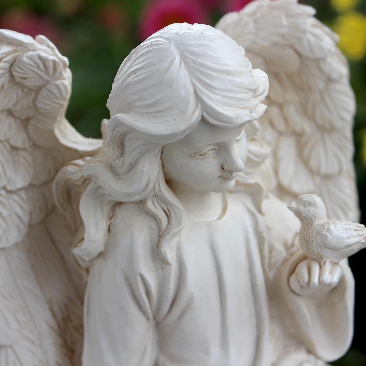 Angel Garden Statue, Sitting Angel Sculpture, Resin Angel with Bird Figurine for Patio Yard Porch Lawn Outdoor Decor Home Shelf Sitter Memorial Spiritual Gifts
