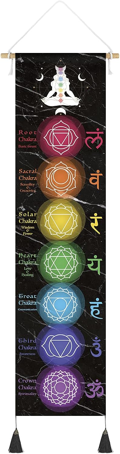 DigiTizerArt Hanging Poster Canvas Wall Art Banner for Meditation 7 Chakras Yoga Painting | Wall Hanging Tapestry Decoration Black and White | 33 x 135 cm (Black)