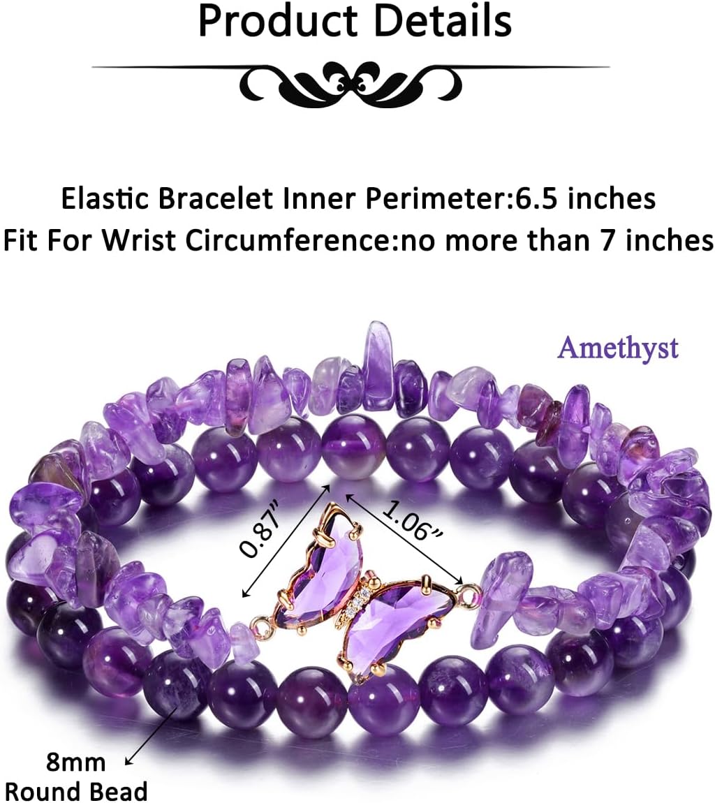 CrystalTears Schmetterling Armbänder Set 2pcs echt Edelsteine elastischer Perlenarmbänder Damen Amulett Schmuck spirituelle Geschenk