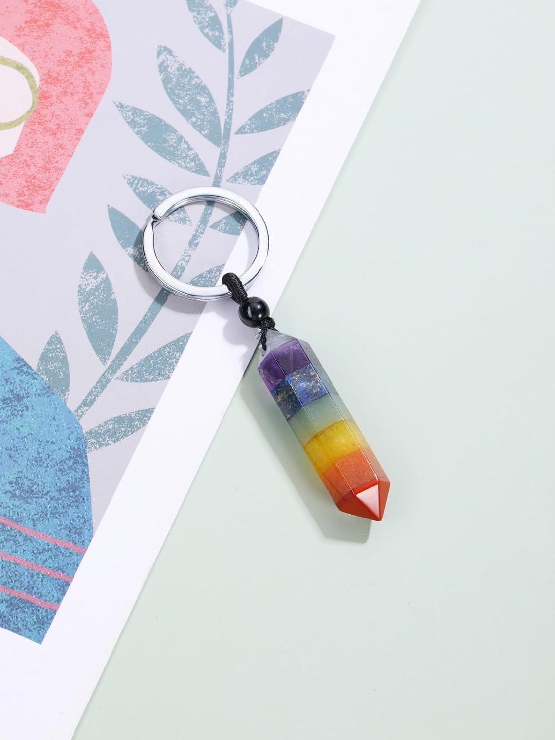 Zysta Gemstone 7 Chakra Keyring Natural Healing Stones Key Ring Hexagon Pendant Healing Reiki Energy Therapy Lucky Keychain for Men and Women, multi-coloured