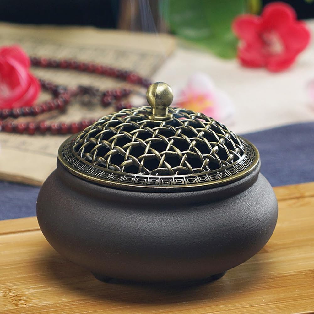 Weihrauchbrenner Keramik, Räuchergefäß Räucherstäbchenhalter, Chinesisch Porzellan Räucherschale mit Feuerfeste Matte und Metall Deckel, Incense Burner für Home Deko Geschenk