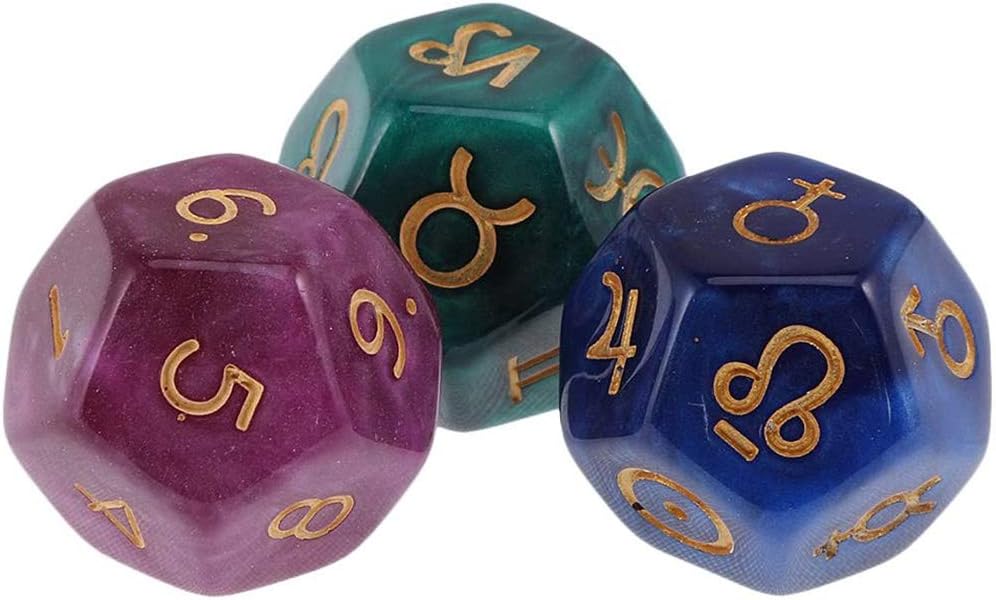 POFET 2 Set 6 Pieces Multicolor 12-Sided Resin Dice Astrology Tarot Constellation Divination Model A
