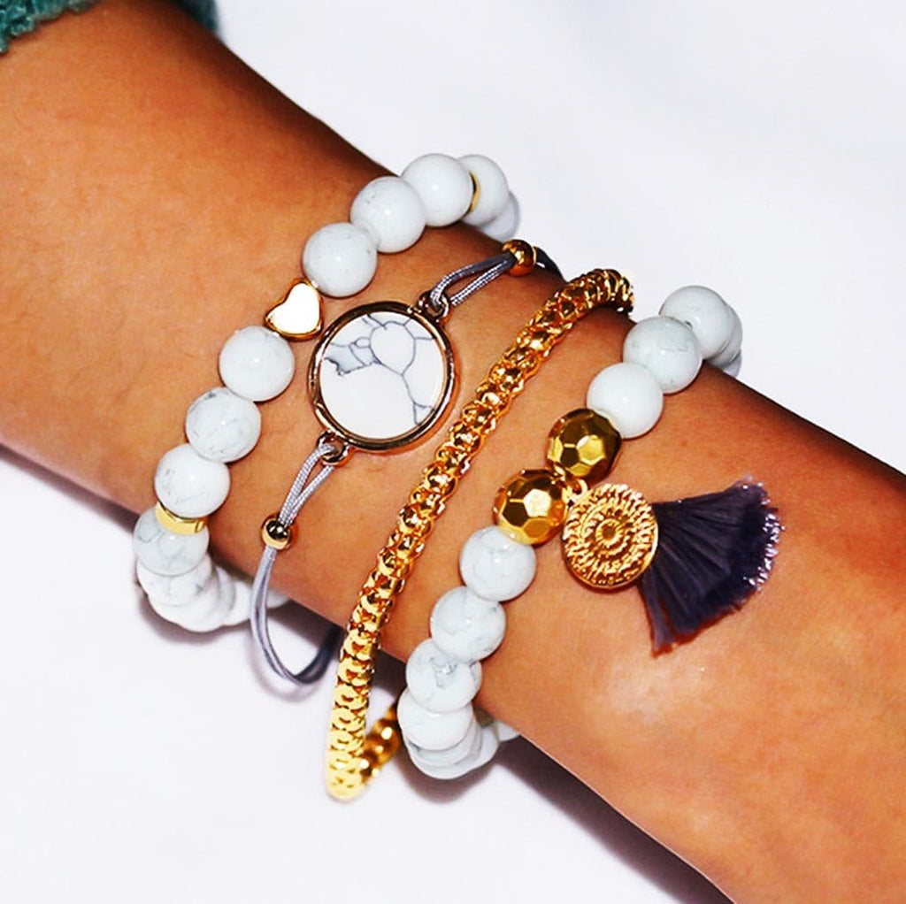 Edary Armband-Set mit Quasten, weißes Marmor-Armband, mit Herz, Perlen-Handkette, verstellbar, für Damen und Mädchen (4 Stück)