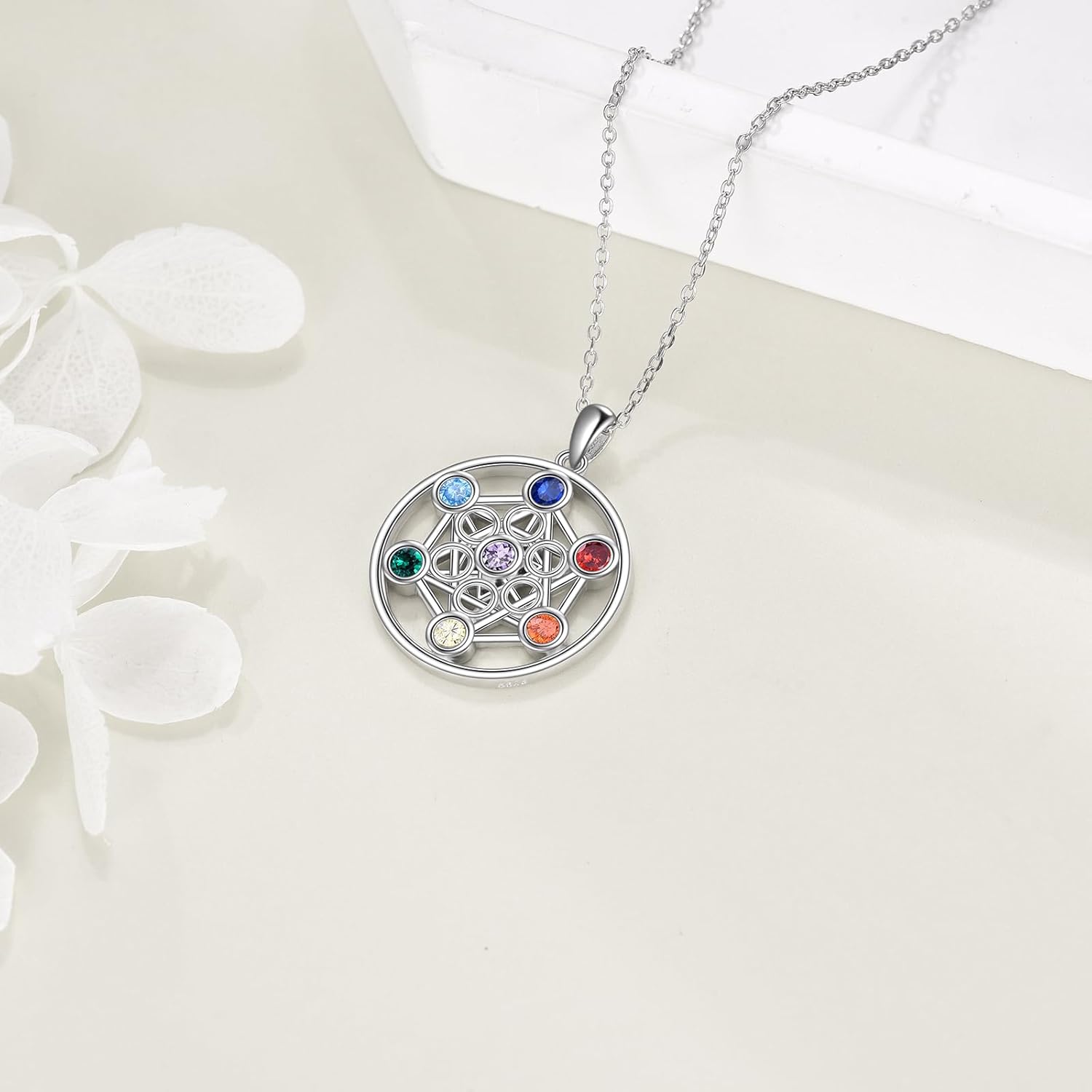 YFN 7 Chakra Necklace Sterling Silver Chakra Pendant Tree / Flower of Life Jewellery Chain Gift for Women Girls Men Boys