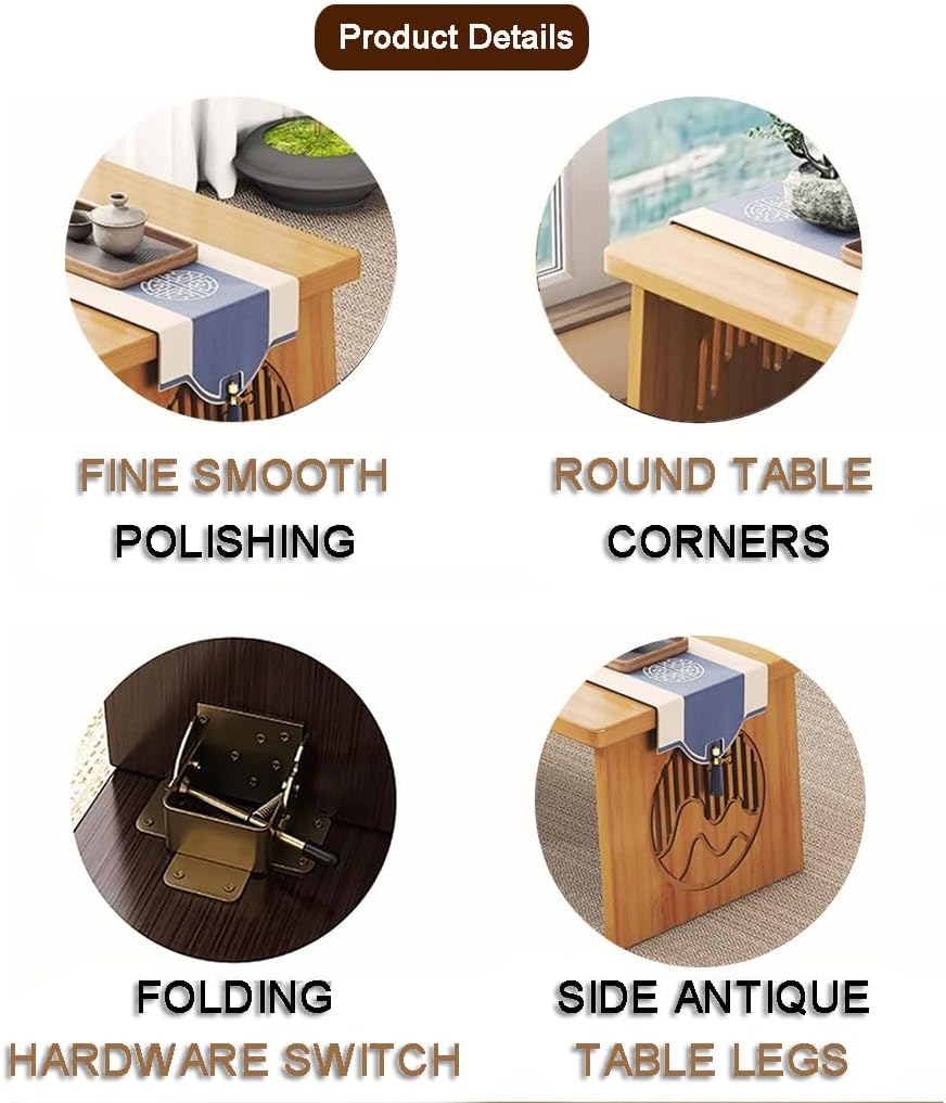 Faltbarer japanischer Stil Boden Kleiner Teetisch, Tatami Couchtisch, niedriger Altartisch für Meditation, für Boden Sitzen, für Essen und Spirituelle Praktiken (Holz, 60x40x30cm)