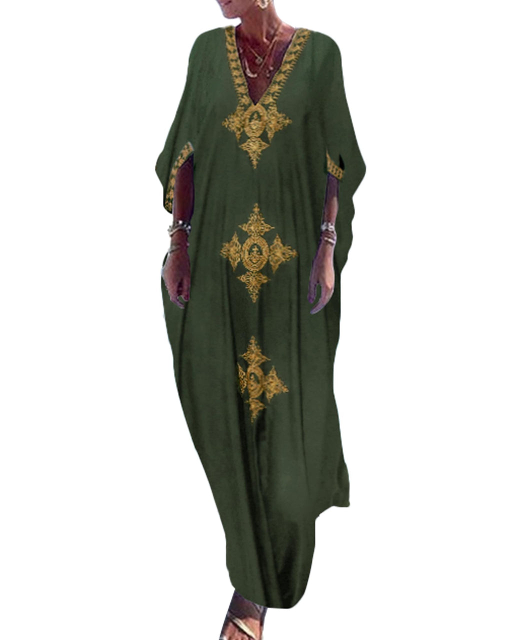 Bsubseach Gold Embroidery Long Kaftan Dresses V Neck Caftan Dress Beach Cover Ups for Women Embroidery