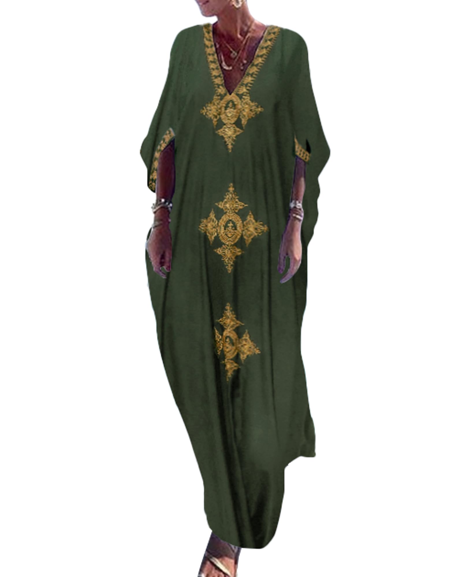 Bsubseach Gold Embroidery Long Kaftan Dresses V Neck Caftan Dress Beach Cover Ups for Women Embroidery