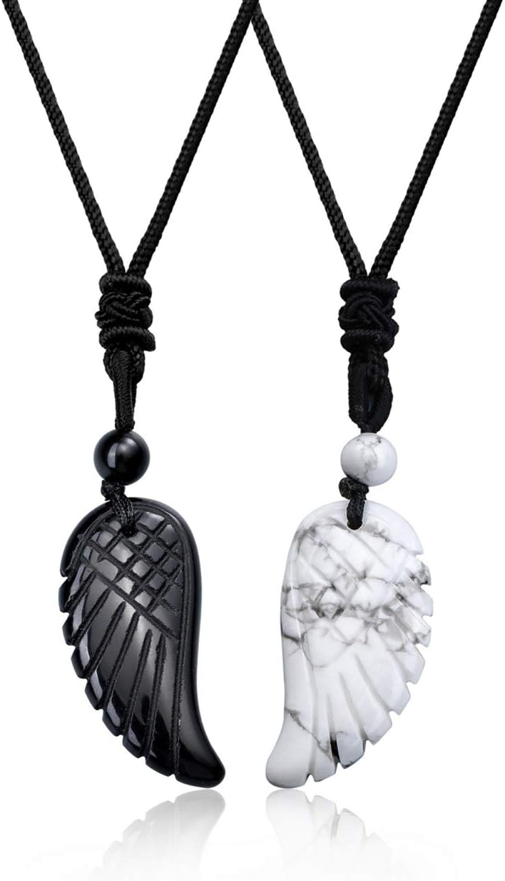 Set of 2 Wings Pendant Necklace Friendship Necklace Angel Wings Pendant Made of Gemstone Healing Stone Lucky Chain Couples Chain Amulet Chain for Lovers Partner