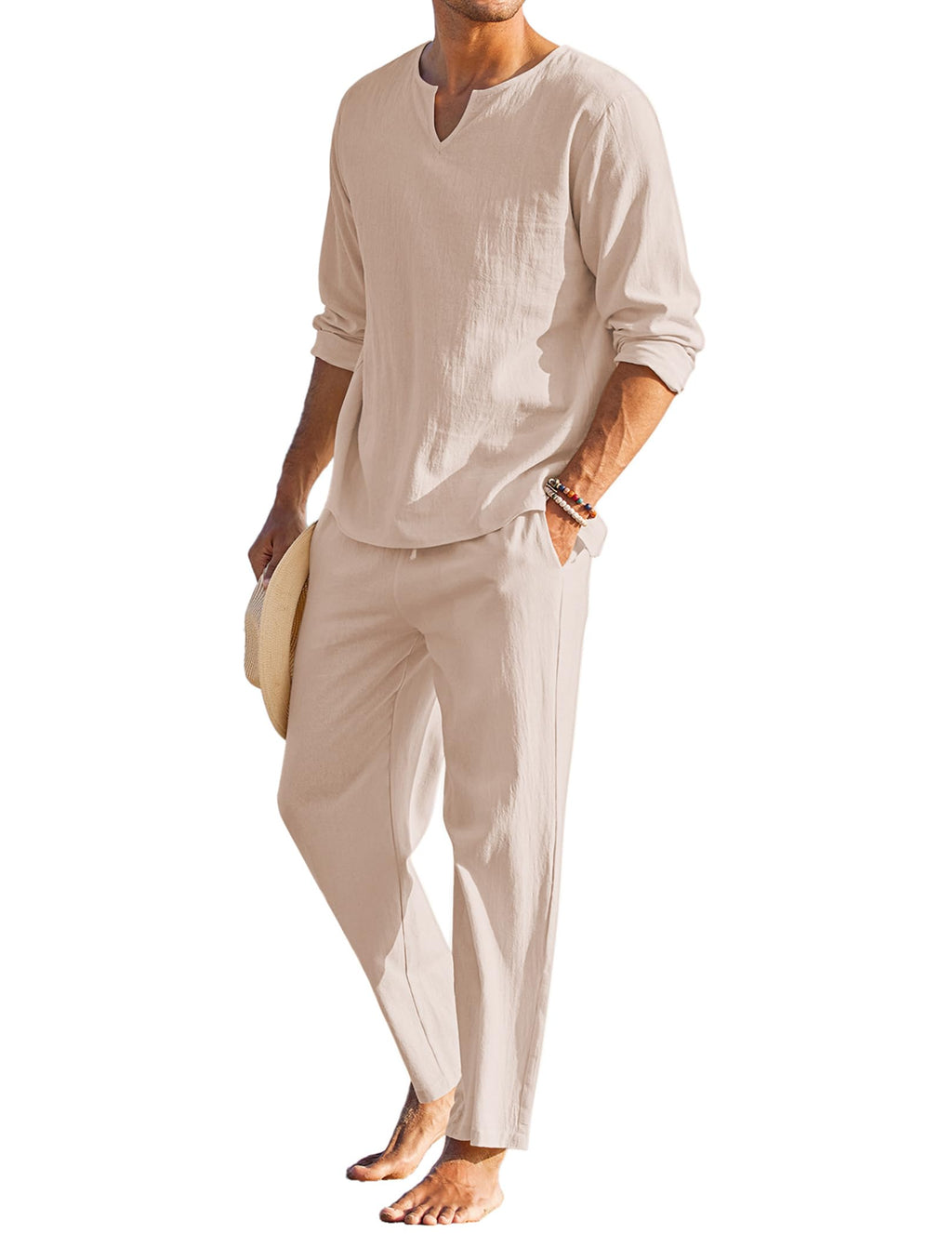 COOFANDY Men's 2 Pieces Cotton Linen Set Henley Shirt Long Sleeve and Casual Beach Pants Summer Yoga Outfits