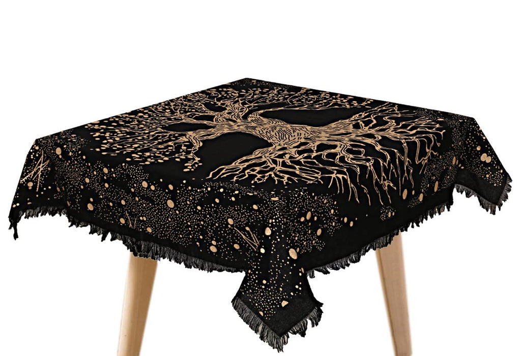 THE ART BOX Altar Cloth Tarot Cards Napkins Witchcraft Accessories Black Gold Tablecloth Square Spiritual Heavenly Cloth with Fringes, Tree of Life, 18 x 18 Inches