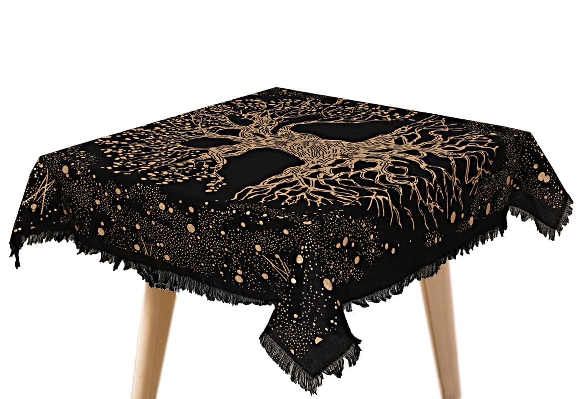 THE ART BOX Altar Cloth Tarot Cards Napkins Witchcraft Accessories Black Gold Tablecloth Square Spiritual Heavenly Cloth with Fringes, Tree of Life, 18 x 18 Inches