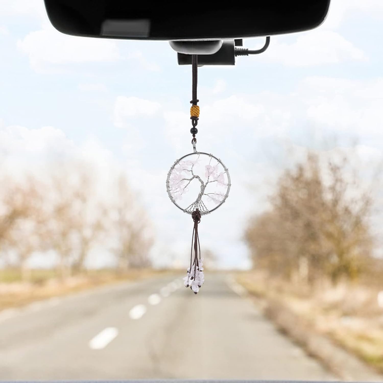 Cobee Tree of Life Hanging Ornament for Car Rear View Mirror, 7 Chakra Stones, Healing Crystal Stone Pendant, Car Interior, Reiki, Good Luck, Meditation, Window Decoration (White)