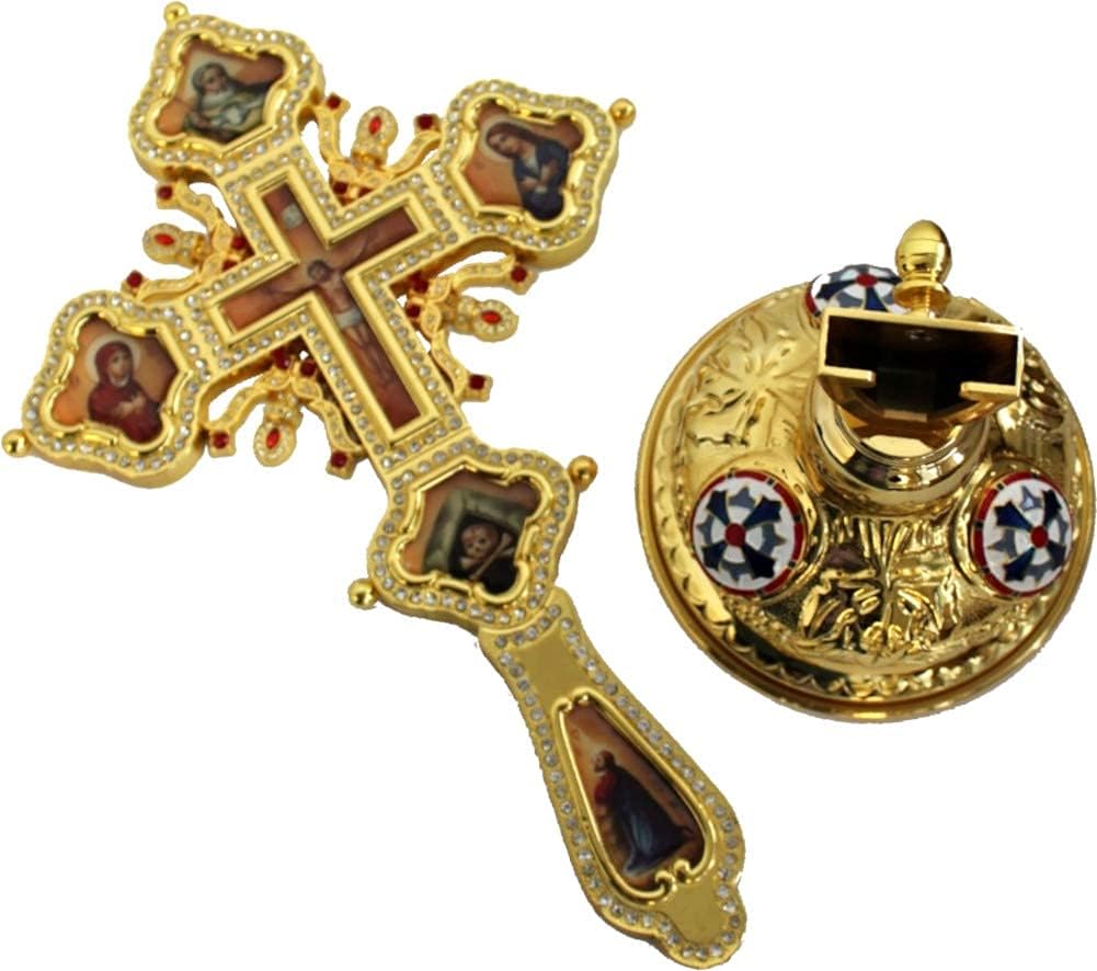 Holy Land Market Altar Orthodox Church Sacrificial Table Priestly Blessing Crucifix Decorated with Assorted Coloured Stones (16")