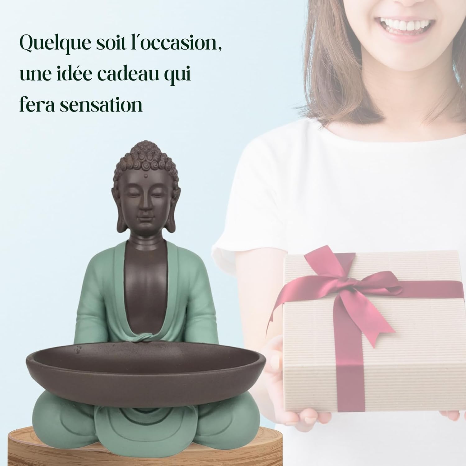 Leere Figur Buddha – Dekoration Zen und Feng Shui – für eine entspannende und spirituelle Atmosphäre – Geschenkidee Glücksbringer – Höhe: 20 cm – Farbe: Grün und Braun – Zen'Light