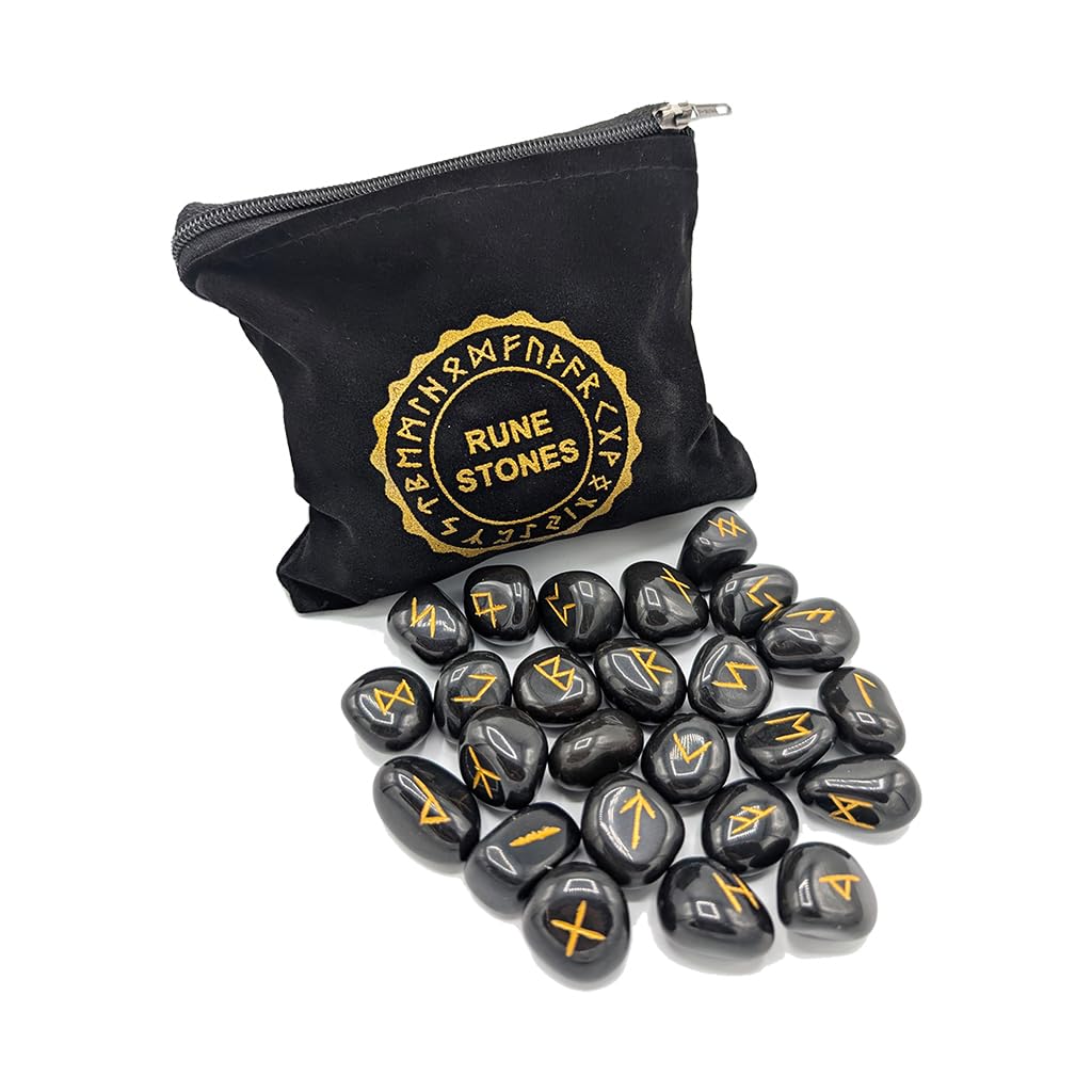 PURAJA Runensteine Set: Holz | Mit Elder Futhark Alphabet | 25 Holz Runensteine im Baumwollsäckchen | Magisches Runen Set