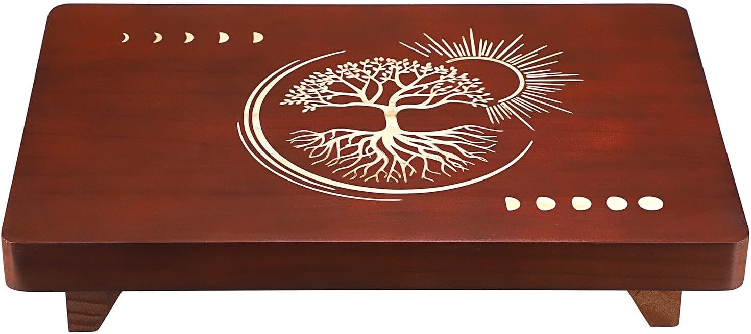 SUMTree Altartisch aus Holz, kleiner Meditationstisch, Tarottisch, buddhistischer Heiligtum, Mondphase und Baum des Lebens (30 x 20 x 6 cm), SJFR0233