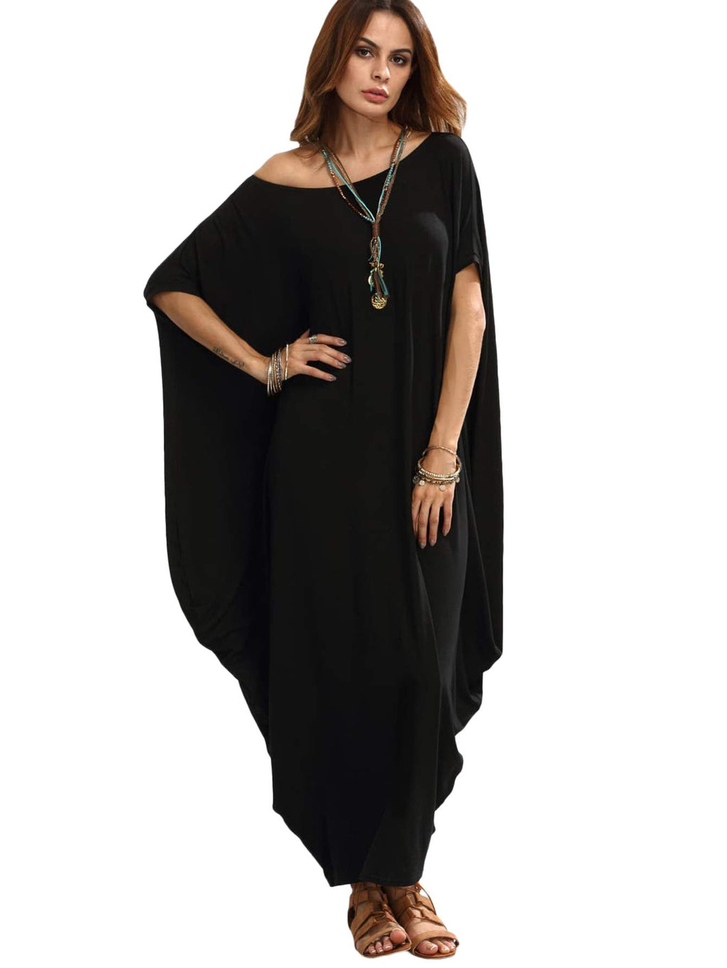 Verdusa Women's Caftan Harem Boat Neck Dolman Sleeve Oversized Maxi Dress Moo Moos