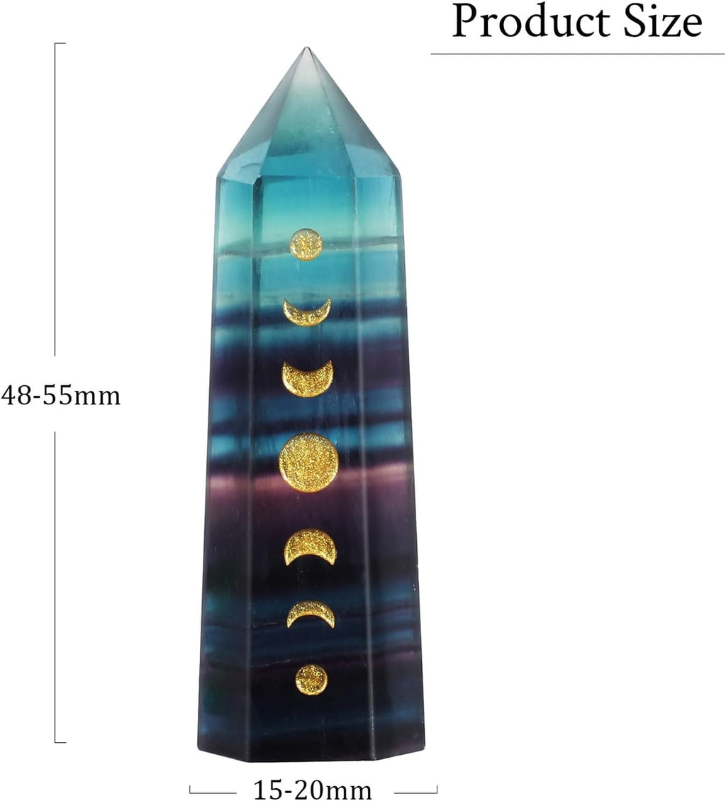 Heilstein Einzelpunktstab für Meditation Chakra-Ausgleich, Gravierte Mondphasen-Facetten-Kristallturm für die Dekoration zu Hause, Flusspat