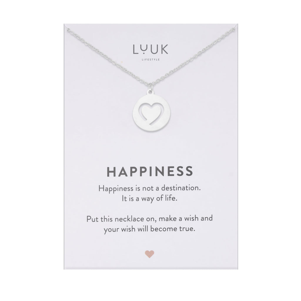 LUUK LIFESTYLE Filigrane Halsketten mit Anhänger und Karte mit HAPPINESS Spruch, zeitloses Design und moderne Motive, in Silber, Gold und Rosegold