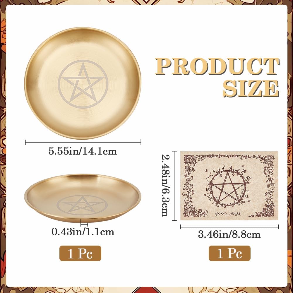 CREATCABIN Pentagramm Altarplatte Stern Tarotplatte Rituelles Brennen Kerzenhalter Teller Schalen Opfergaben Weihrauchbrenner Flache Schale Mit Altarkarte Tarotzubehör Für Hexerei Wicca Golden 14x14cm