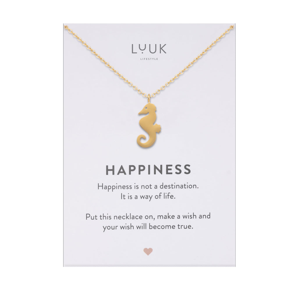 LUUK LIFESTYLE Filigrane Halsketten mit Anhänger und Karte mit HAPPINESS Spruch, zeitloses Design und moderne Motive, in Silber, Gold und Rosegold