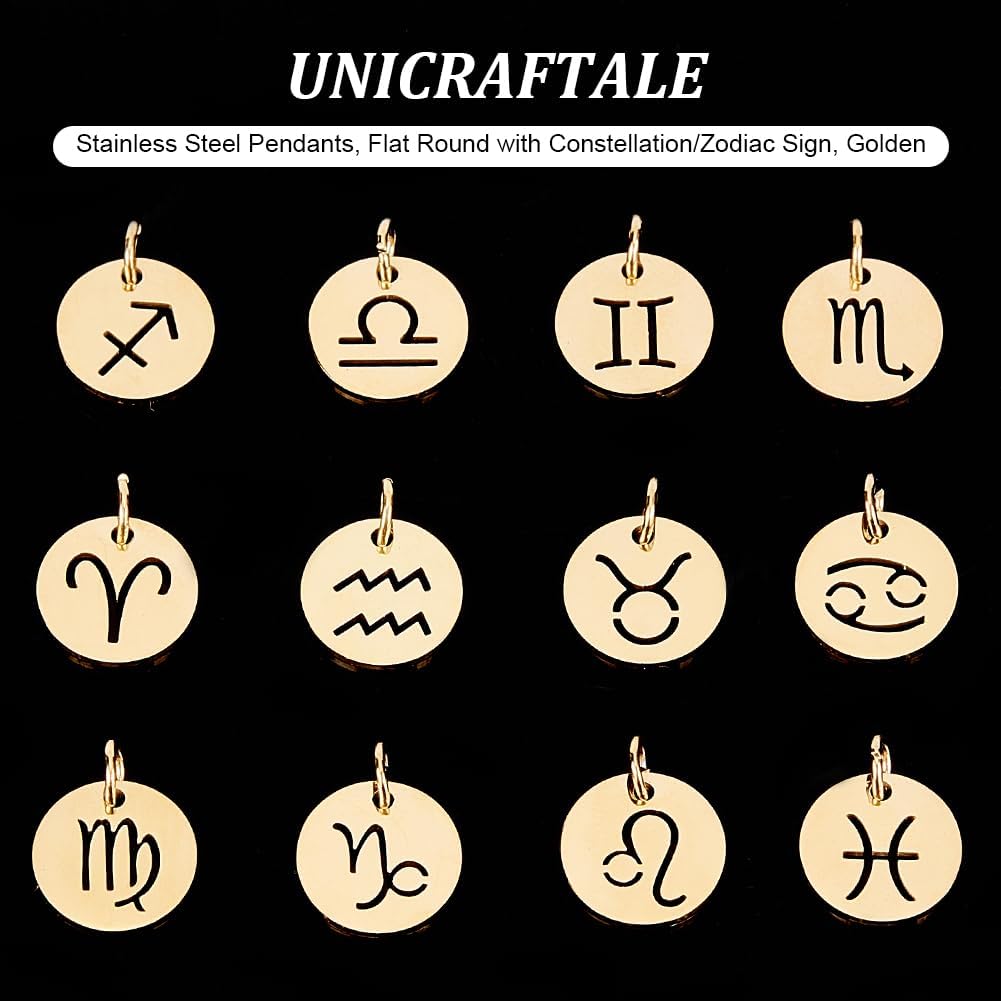 UNICRAFTALE Edelstahl 12 Sternbilder Charm Sternzeichen Anhänger Charms Flach Rund Sternbild Anhänger Für DIY Schmuck Armbänder Halskette Herstellung