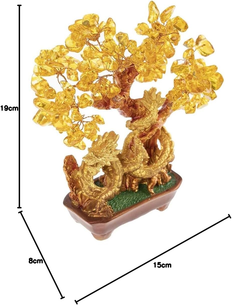 lachineuse - Drachenbaum aus gelbem Citrin – Feng Shui Baum 19 cm – asiatische Dekoration Japanischer Drache – Glücksbaum mit goldenem Drachen – asiatische Deko mit Edelsteinen – Objekt Japan Zen