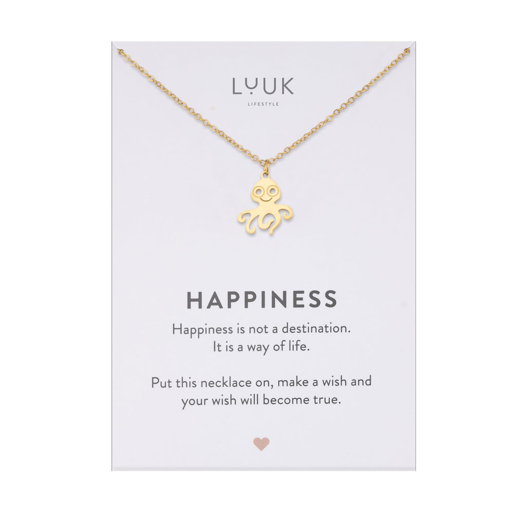 LUUK LIFESTYLE Filigrane Halsketten mit Anhänger und Karte mit HAPPINESS Spruch, zeitloses Design und moderne Motive, in Silber, Gold und Rosegold
