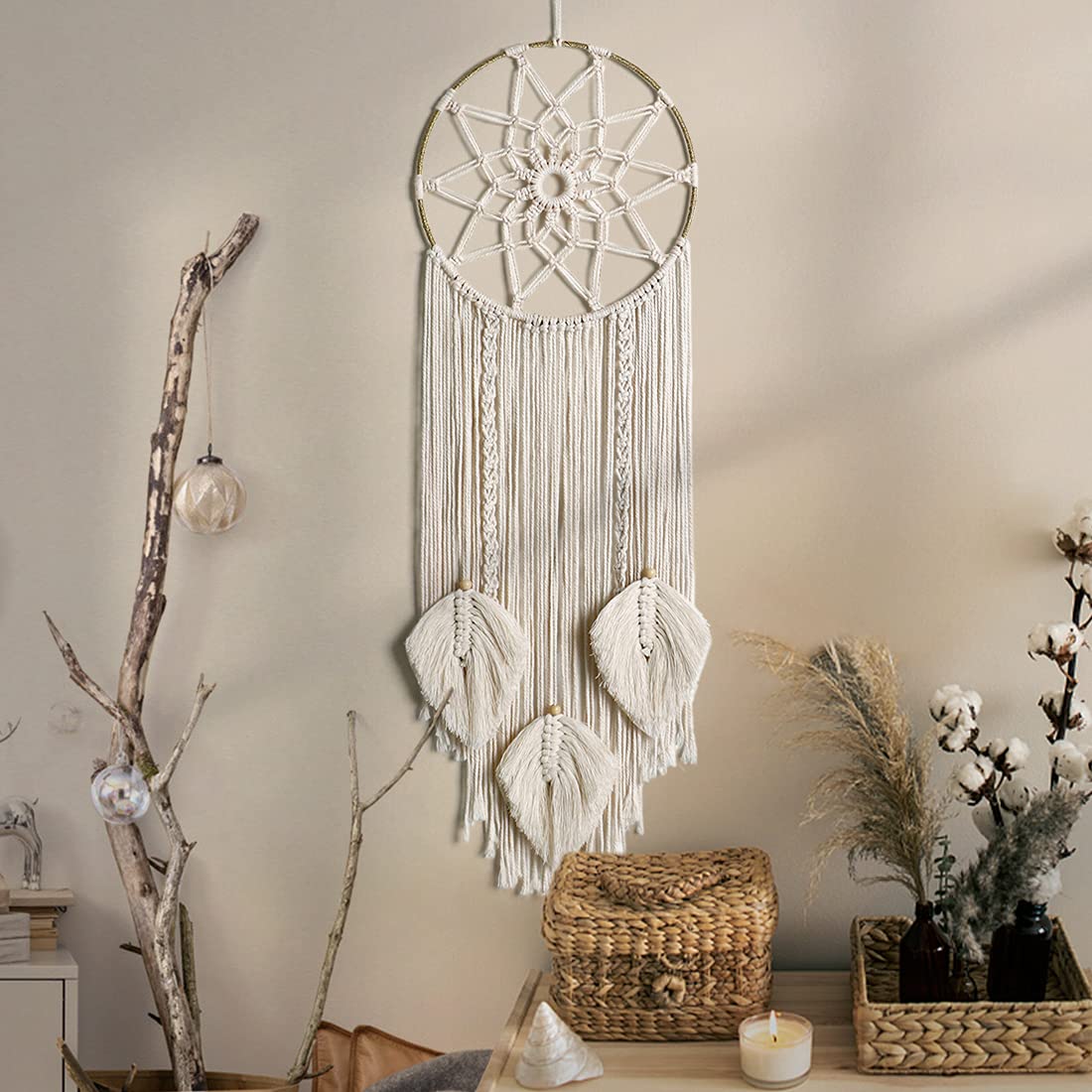 LOMOHOO Makramee Traumfänger Wandbehang Gewebte Feder Wandbehang Handgemachter Traumfänger Boho Quasten Dekoration Wohnkultur Ornament Bastelgeschenk für Schlafzimmer Wohnzimmer（kein Licht）