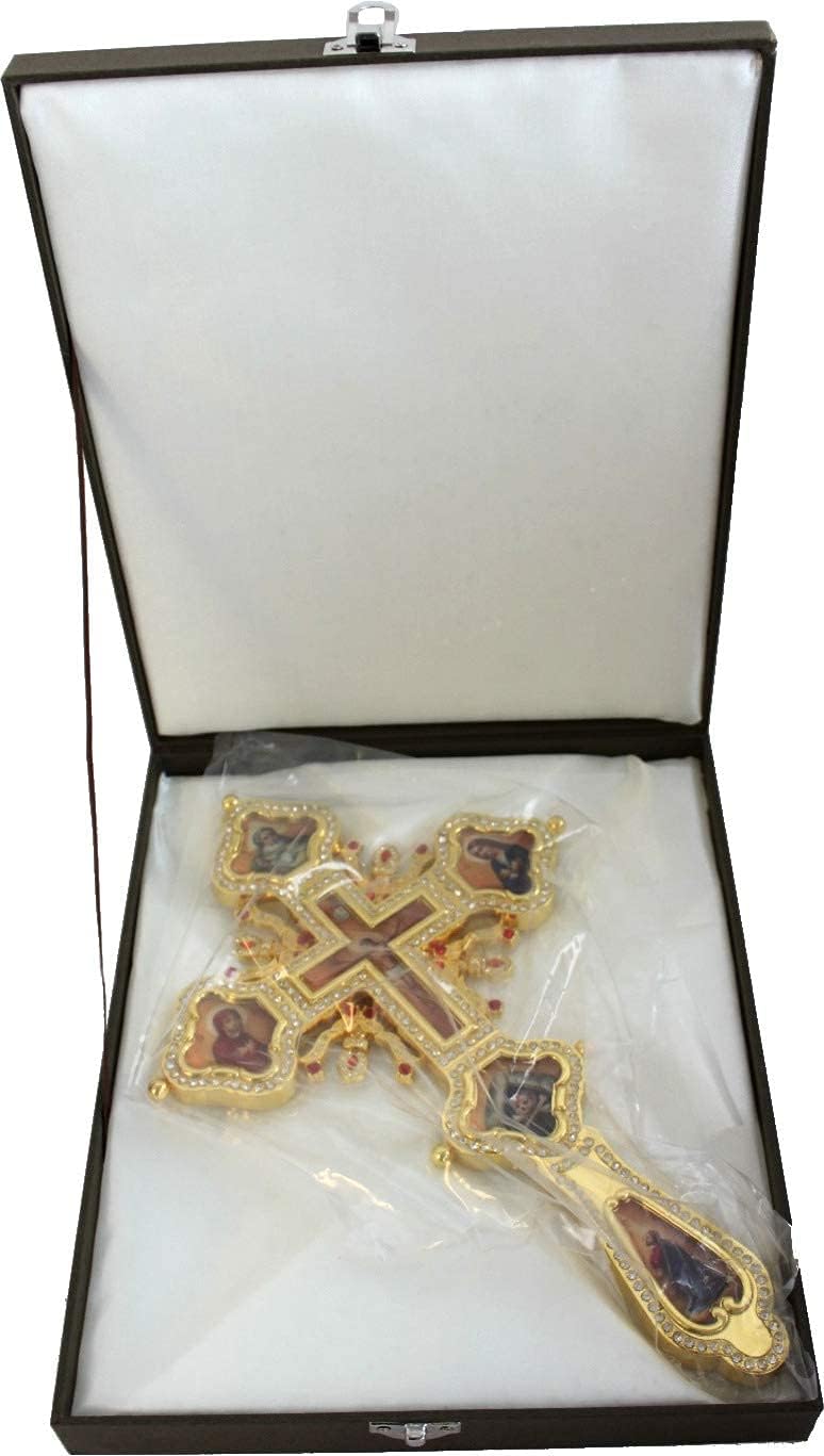 Holy Land Market Altar Orthodox Church Sacrificial Table Priestly Blessing Crucifix Decorated with Assorted Coloured Stones (16")