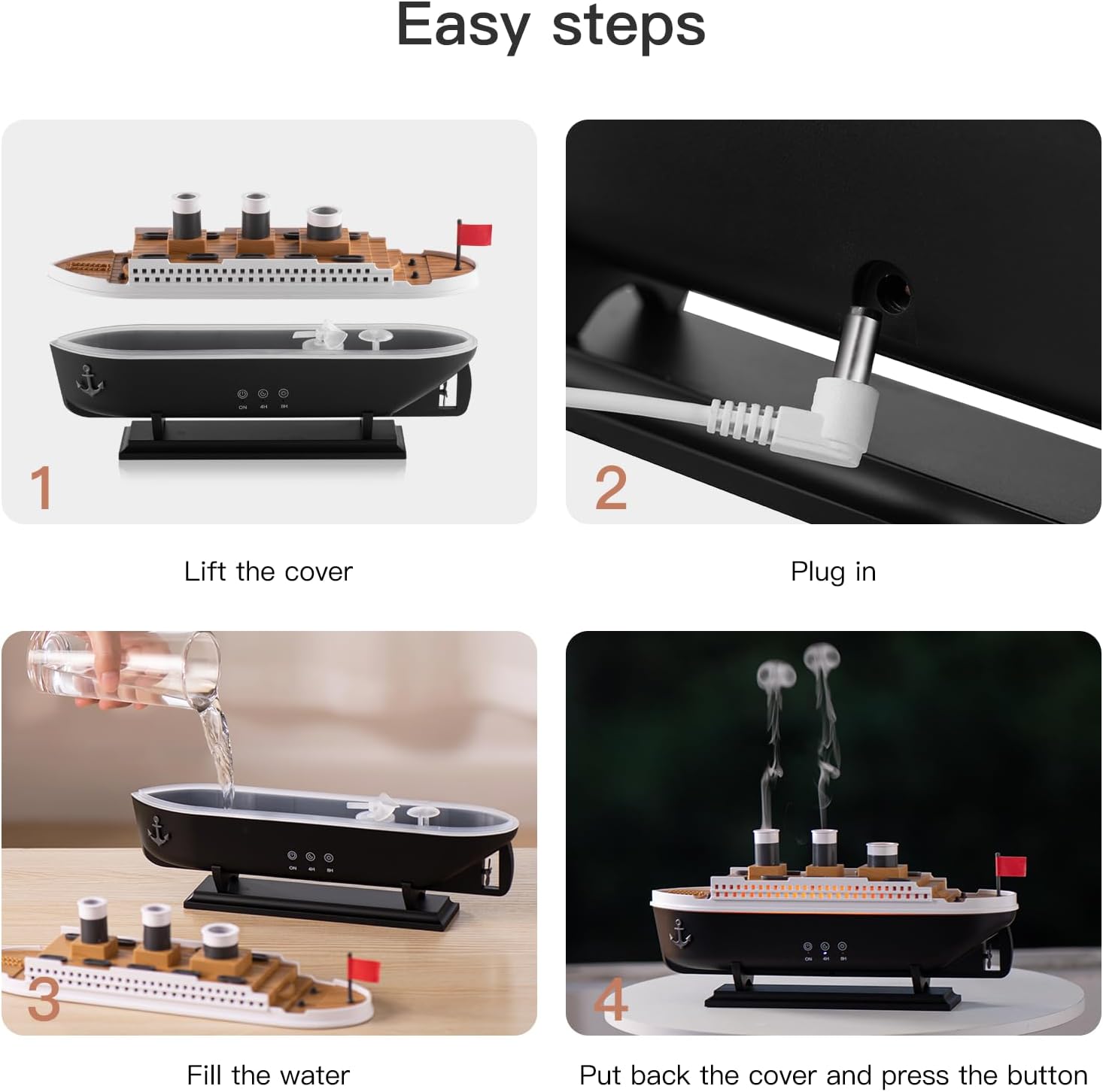 Titanic Humidifier 250ml, Essential Oil Diffuser Cool Mist Ultrasonic Aroma Aromatherapy Diffuser with Remote Control 7 Light 2 Mist Mode Auto Shut-Off for Bedroom Office Hotel(Black White)