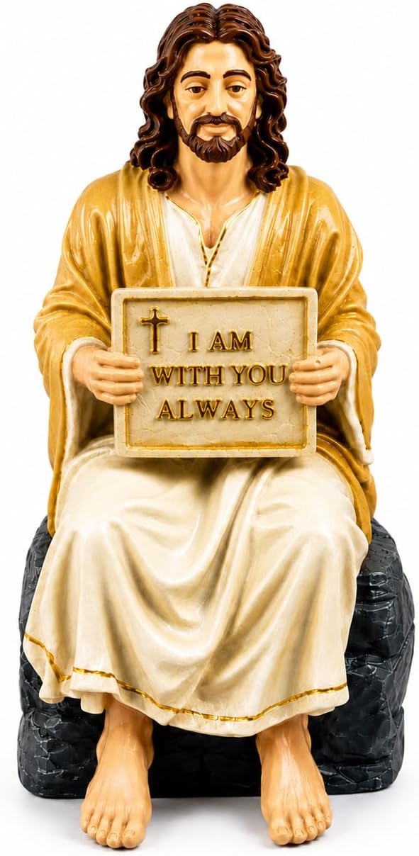 Jesus Christ Statue Peaceful | Handcrafted Polystone Marble Figurine with I Am with You Always Plaque | Christian Home Décor Jesus Resin Idol for Home, Prayer Corner, Altar & Gifting