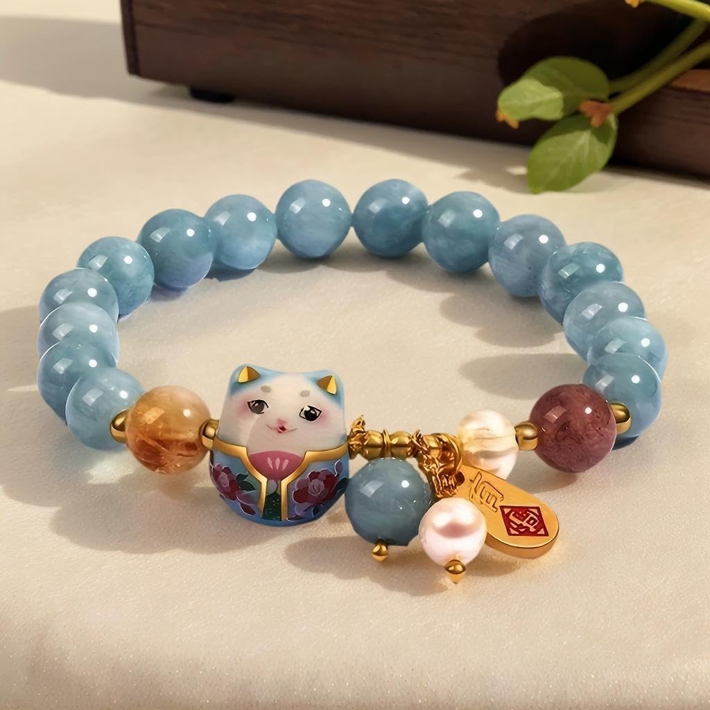 Damen Armband mit Glückskatze Anhänger, Blau Kristall Perlen, Keramik Katze Schmuck, Feng Shui Schutzarmband für Wohlstand & Energie
