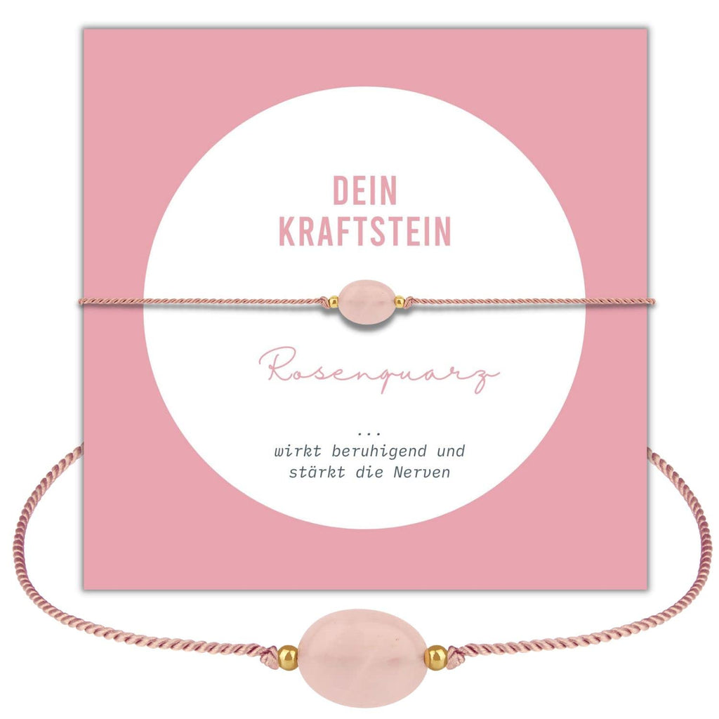 happymaker - Rosenquarz Armband Damen, handgemacht in Deutschland, Edelstein Armband rosa mit vergoldeten Perlen, Geschenkverpackung als Kraftgeber Geschenk für Frauen und Mädchen