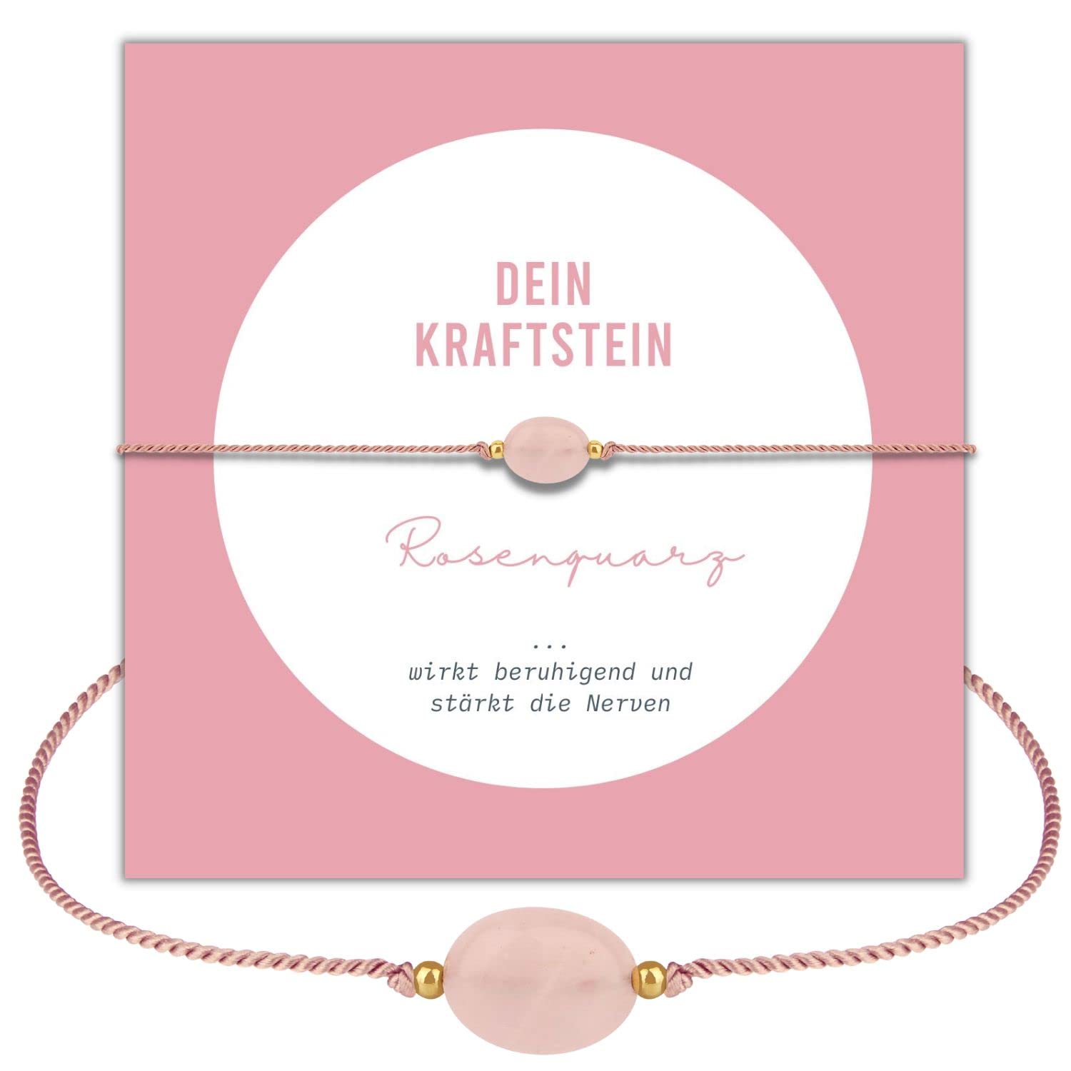 happymaker - Rosenquarz Armband Damen, handgemacht in Deutschland, Edelstein Armband rosa mit vergoldeten Perlen, Geschenkverpackung als Kraftgeber Geschenk für Frauen und Mädchen