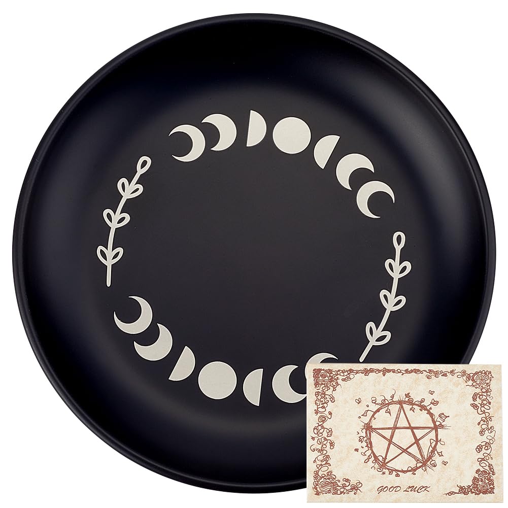 CREATCABIN Phase Moon Star Opferschale Altar Ritualplatte Edelstahl Flache Schale Rundes Tablett Gebetsschale Kerzenhalter Mit Karte Schwarze Schmuckschale Zum Räuchern Räuchergefäß Dekoration 14cm