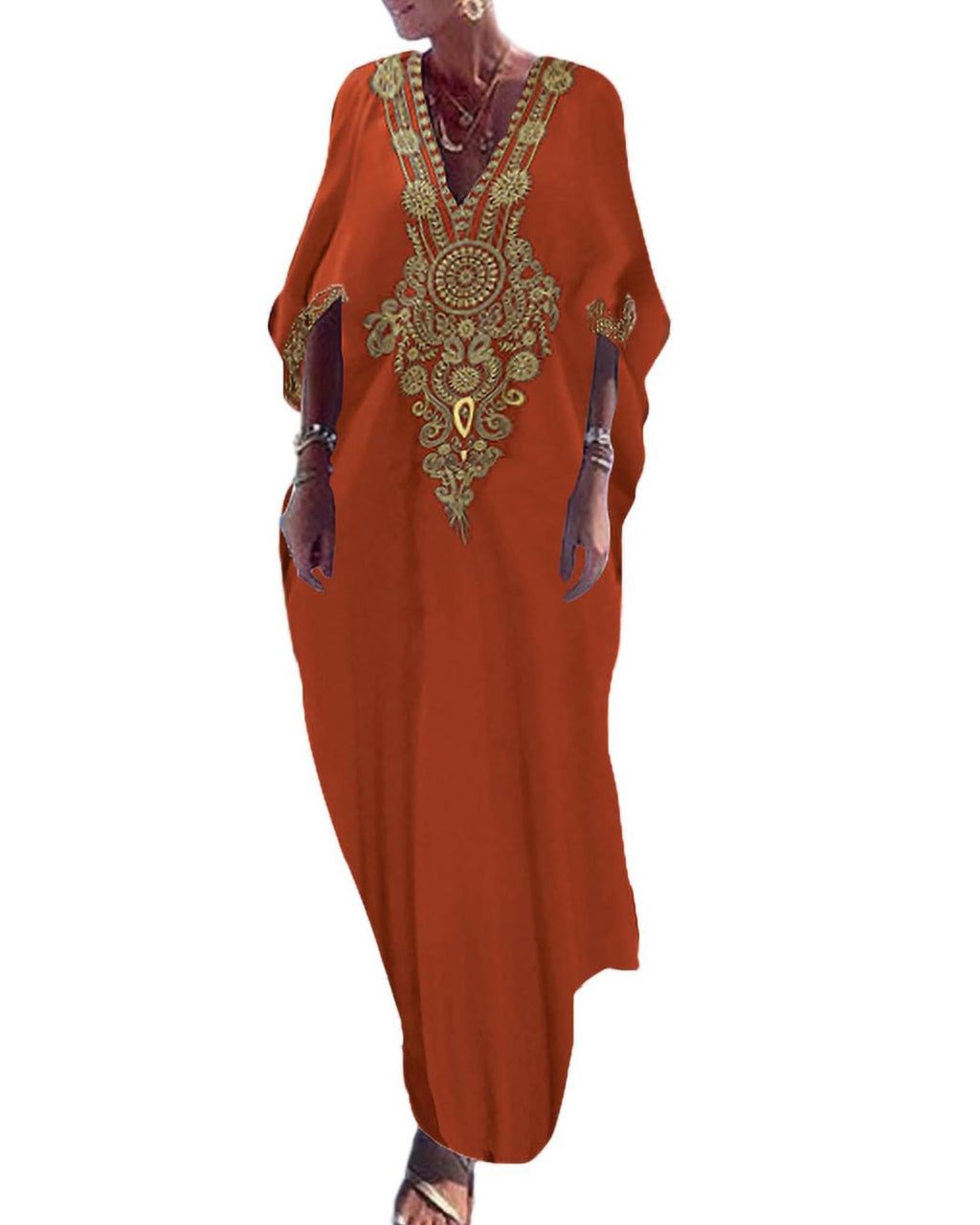 Bsubseach Gold Embroidery Long Kaftan Dresses V Neck Caftan Dress Beach Cover Ups for Women Embroidery
