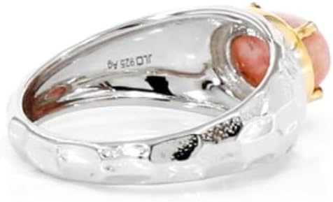 Cavill Silberring 925 platinierter Rhodochrosit 1,91 ct ovaler Cabochon aus Argentinien, moderner gehämmerter Look mit goldfarbenem Akzent, elegant roséfarben, 24x21 mm